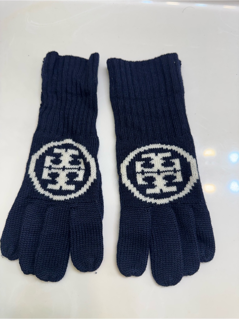 Tory Burch Navy Knit Gloves with White Logo